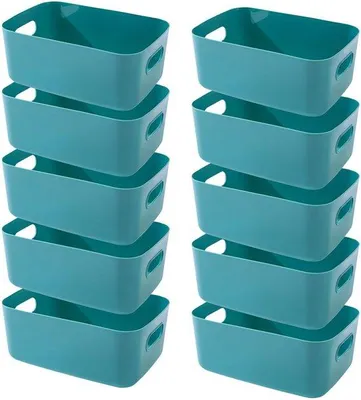 Productafbeelding van Unyqoos® Set van 10 groene opbergmanden van kunststof met handgrepen, stapelbaar – 3 formaten (30×20×12 / 25×18×10 / 20×15×7 cm) voor badkamer, keuken en slaapkamer