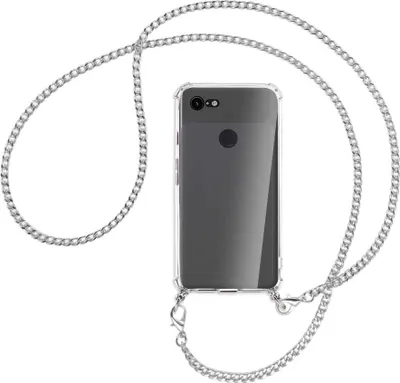 Produktbild von Handykette Backcover-Schutzhülle mit Band (Metall silberfarben) für Google Pixel 3 - silberfarbene Kette
