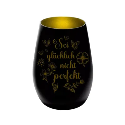 Produktbild von Stölzle Lausitz Windlicht schwarz gold aus Glas mit Lasergravur „Sei glücklich nicht perfekt“, persönliches Geschenk für Freunde, Familie und Partner