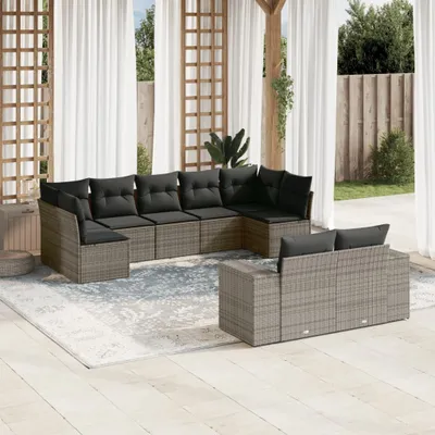 Produktbild von Design 9-tlg. Garten-Sofagarnitur mit Kissen Grau Poly Rattan, Gartenmöbel-Sets 2024 Neu