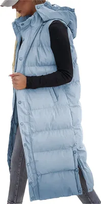 Image de ASKSA Gilet Femme Longue veste matelassée Gilet en duvet matelassé avec capuche Hiver Chaud Coton sans manches Gilet de sport Manteau (Bleu,2XL)