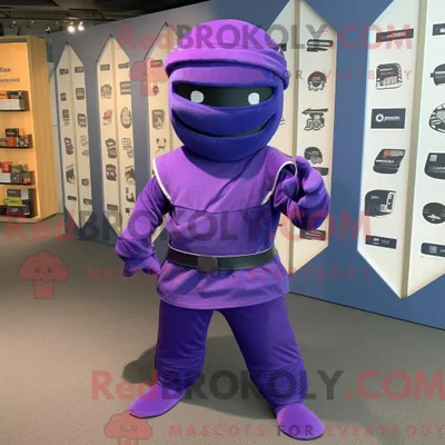 Produktbild von Maskottchen REDBROKOLY eines lila Ninjas mit Wickelkleid und Geldbörse