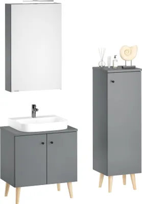 Produktbild von Badezimmermöbel-Set Spiegelschrank Waschtisch Badschrank grau mit Füßen V-90.59F-01Set mit Füße