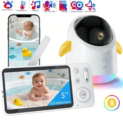Image de Babyphone avec application caméra et écran de contrôle de 5 pouces, veilleuse, PTZ 355°/60°, connexion mobile, détection des pleurs/mouvements/bruits, suivi des mouvements, zoom 4×