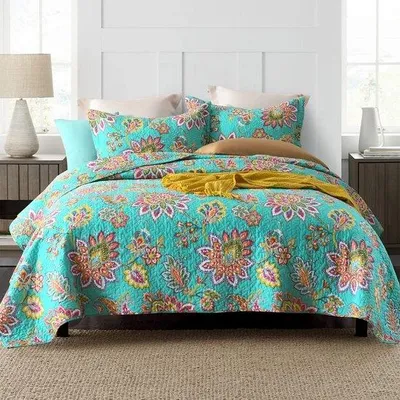 Produktbild von Ibenzoa® Wendbare Baumwoll-Tagesdecke 250 x 270 cm – Vintage Boho Patchwork Grün, inkl. 2 Kissenbezüge 60 x 90 cm, 100% Baumwolle