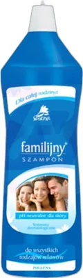 A bottle of shampoo with a family photo on the label.