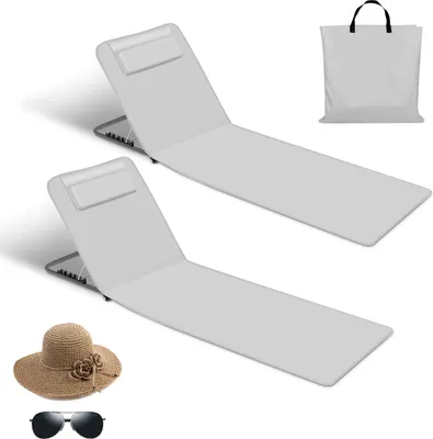 Produktbild von Aopunly Strandmatte mit Tragegurt mit Kopflehne Kopstütze Verstellbarer Rückenlehne 600D Polyester Hellgrau 2 Stucke 145cm x 47cm