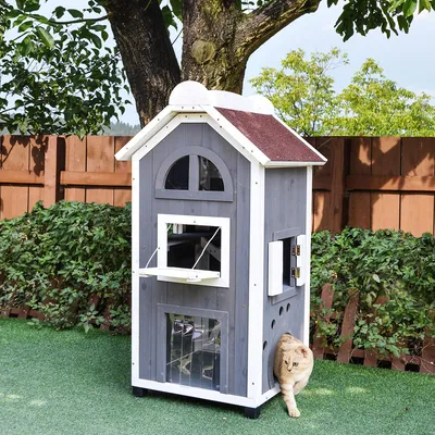 Produktbild von Katzenhaus 2-stöckig für draußen, Katzenhütte Wildkatzen wetterfest, Tannenholz Asphaltdach, Grau | 59x55x109 cm | bis 30 kg | Hängematte & Balkon
