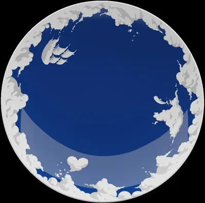 A circular image depicting a blue sky with stylized clouds. A sailing ship is visible in the upper left, and a heart-shaped cloud formation is in the lower left.
