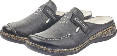 A pair of black Rieker clogs on a white background.