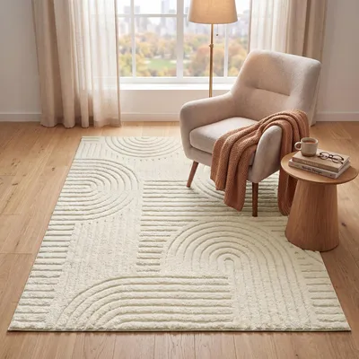 Obrázek produktu pro SONGMICS Koberec do obývacího pokoje, 3D geometrický vzor, protiskluzový a omyvatelný, rozměry 170 x 120 x 1 cm, bílý