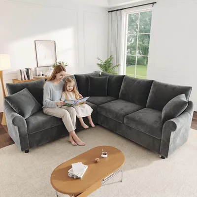 Obrázok produktu pre Rohová sedačka tvaru "L" potiahnutá chenille, rozmer 217x217x83 cm, päťsedacia s odnímateľnými sedákmi a zaoblenými opierkami, vhodná do obývačky