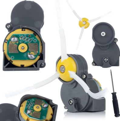 A collage of replacement parts for a robot vacuum cleaner, including side brush modules and a screwdriver.