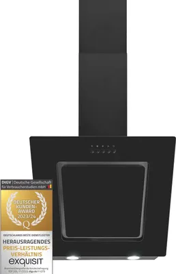 A black kitchen hood is shown against a white background.