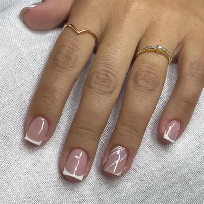 Image de Ongles artificiels courts, design français, avec paillettes, couleurs nude, rose et blanc, avec colle pour ongles, modèle FB21