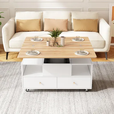 Productafbeelding van Salontafel, 100 x 50 x 47,5 cm, 100% MDF, houtkleur + wit, in hoogte verstelbaar met klapfunctie, 4 lades en wielen