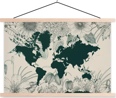 Produktbild von MuchoWow® Textilposter Weltkarte - Blumen - Pflanzen 60x40 cm mit holzfarbenen Rahmen - Bilder