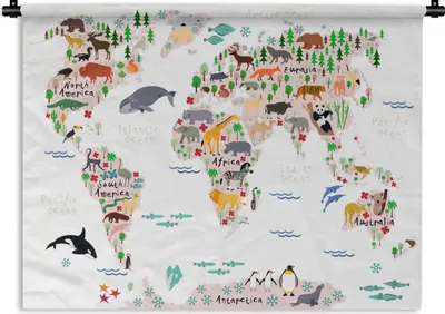 Produktbild von MuchoWow® Wandteppich Wandbehang Weltkarte - Kinder - Tiere 60x45 cm Tapisserie Dekoration Wandtuch - Das Schlafzimmer
