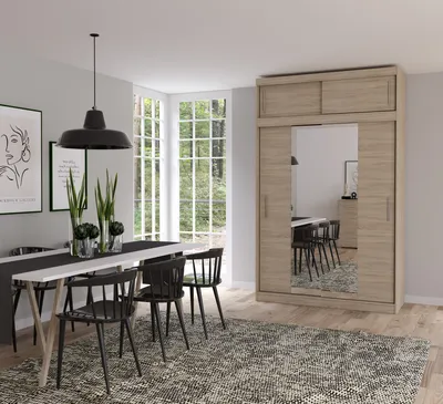 Produktbild von Schwebetürenschrank Kleiderschrank Schrank mit Spiegeln 150cm und Aufsatz 150/45/61cm Sonoma/Sonoma mit LED-Beleuchtung Vista 01