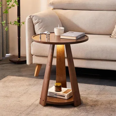 Productafbeelding van Ronde Bijzettafel met 2 Laagjes van Hout