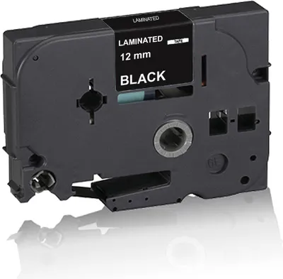 A black label tape cartridge with white text indicating its specifications.