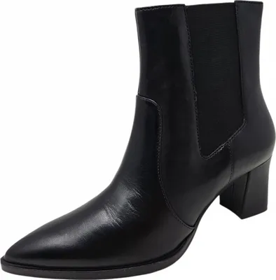 A black leather ankle boot with a pointed toe and a block heel is shown against a white background.
