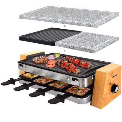 A raclette grill with multiple cooking surfaces and accessories, presented in a studio setting.