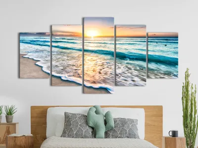 Produktbild von Akustikbild Meer und Strand 200x100 cm Bilder Akustikschaum Hochleistungsschallabsorber Schallschutz Leinwand 5 tlg Wandbild Raumakustik Schalldämmung Sonnenuntergang c-B-0552-b-m