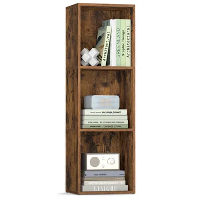 A tall, narrow, three-shelf bookshelf with a rustic wood finish, standing against a white background. It contains books and decorative items.