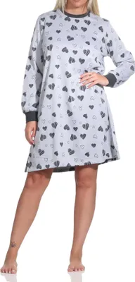 Zdjęcie produktu dla Damska koszula nocna frotte z długimi rękawami i mankietami w serduszka - również w rozmiarze plus size, szaro-melanżowa.52/54