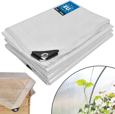 A stack of transparent tarpaulins with reinforced corners, and a close-up inset showing the tarpaulin used in a greenhouse.