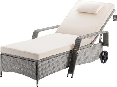 Image de Casaria® Chaise longue en polyrotin Beige coussin 7cm 2 roulettes Max 160kg Dossier réglable Bain de soleil jardin