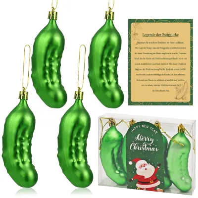 4er-Set Kunststoff-Gurken-Weihnachtsbaumschmuck mit Legendenkarte