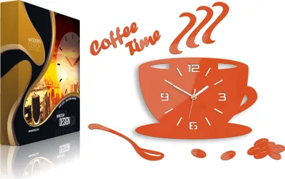 A product shot of a wall clock shaped like a coffee cup, with accompanying packaging.