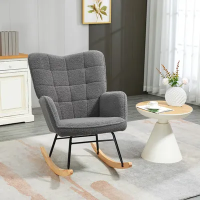 Produktbild von SUGIFT Schaukelstuhl Lammfellimitat getuftet Dunkelgrau, Schaukelsessel 66 cm Rückenlehne Relaxsessel, Stahlgestell | 71x98x101 cm | 40° Schaukeln | 11 kg