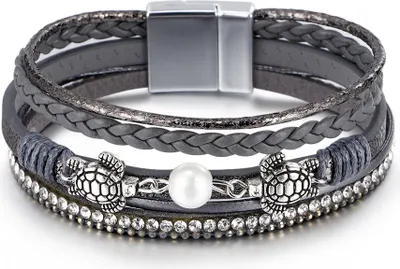 Produktbild von Ethno-Armband für Damen mit Perlen und Schildkrötenmotiven, grau, 19 cm