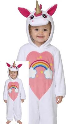 Productafbeelding van Einhorn carnaval jumpsuit met capuchon, vleugels, regenboog, pastelkleuren, sterren. Magisch, fantastisch, droomwereld kostuum voor kinderen. Eén stuk, geschikt voor feestelijke gelegenheden. Maat: 74/80. Kleur: wit