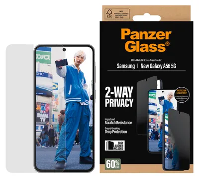 Produktbild von PanzerGlass ® 2-Way Privacy Displayschutz Samsung Galaxy A57 5G | Ultra-Wide Fit m. EasyAligner, Samsung, Samsung - Galaxy A57 5G, Trockene Anwendung, Kratzresistent, Schockresistent, Transparent, 1 Stück(e)