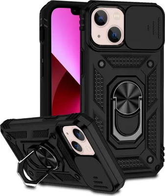 Image de Étui pour iPhone 14 Plus étui double couche avec couvercle coulissant pour l'appareil photo et support annulaire noir