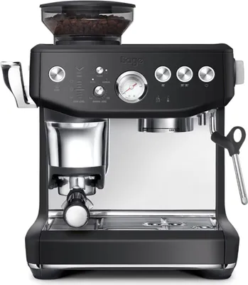 A black Sage Barista Express Impress espresso machine with a bean hopper on top.