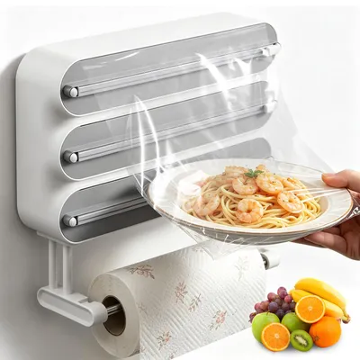 Produktbild von 4 in 1 Frischhaltefolienspender mit Küchenrollenhalter, Alufolienspender und Frischhalte, Wandrollenhalter Küche, Folienschneider, Grau