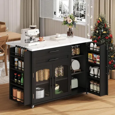 Immagine prodotto di Isola mobile per la cucina con piano di lavoro pieghevole, carrello da cucina su 5 ruote, diverse soluzioni di stoccaggio, ripiano per le spezie e cassetto per le posate, dimensioni 120 x 45 (70) x 90 cm