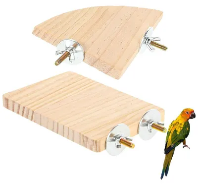 Produktbild von 2er Set Vogelplattform aus Holz, Vogel Zubehör – rechteckig + sektorförmig, mit Edelstahlbeschlägen – Für Sittiche, Hamster & Chinchillas