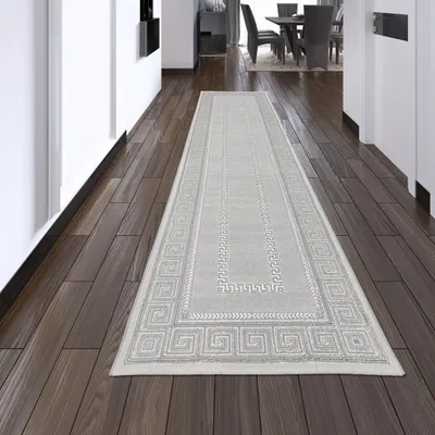 Zdjęcie produktu dla Dywan szary srebrne obramowanie łatwy w pielęgnacji odporny na zużycie rozmiar do salonu - 80 x 300 cm