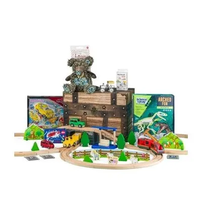 A collection of toys including a teddy bear, toy cars, a train set, and educational books, arranged on a white background.