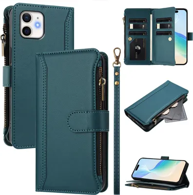 Image de Etui pour iPhone 12 Mini, zippé, étui portefeuille en cuirPolyuréthaneavec pochettes pour cartes, support et dragonne vert