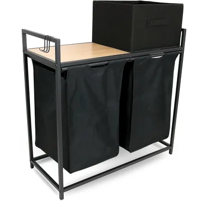 Produktbild von holz4home® Wäschekorb 2 Fächer MDF Sonoma I Mit Ablage & Wäschebox ausziehbar I Wäschebox Badezimmer I Wäschesack aus Oxford-Gewebe 92 L