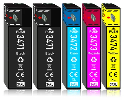 A set of five printer ink cartridges arranged side-by-side against a white background.