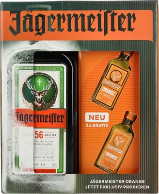 Produktbild von Jägermeister On Pack 34,9% Vol. 0,7l mit 2 Jägermeister Orange 0,02l