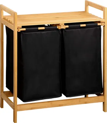 Image de KESPER – Panier à linge en bambou – 2 compartiments amovibles – 64 x 33 x 73 cm – noir, avec étagère – idéal pour la salle de bain et la chambre – Panier à linge 1948713